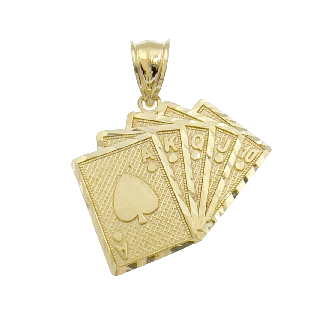 10k Yellow Gold Card Charm Royal Flush Pendant 1'' Necklace Chain SALE 10kt Real