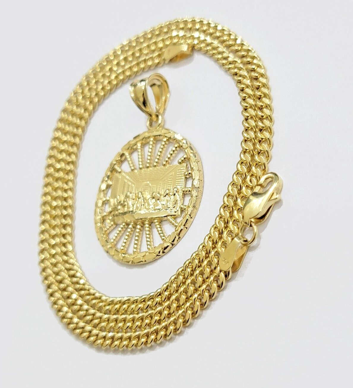 Real 10k Yellow Gold chain Charm Last supper Pendant set Miami Cuban 4mm 22 Inch