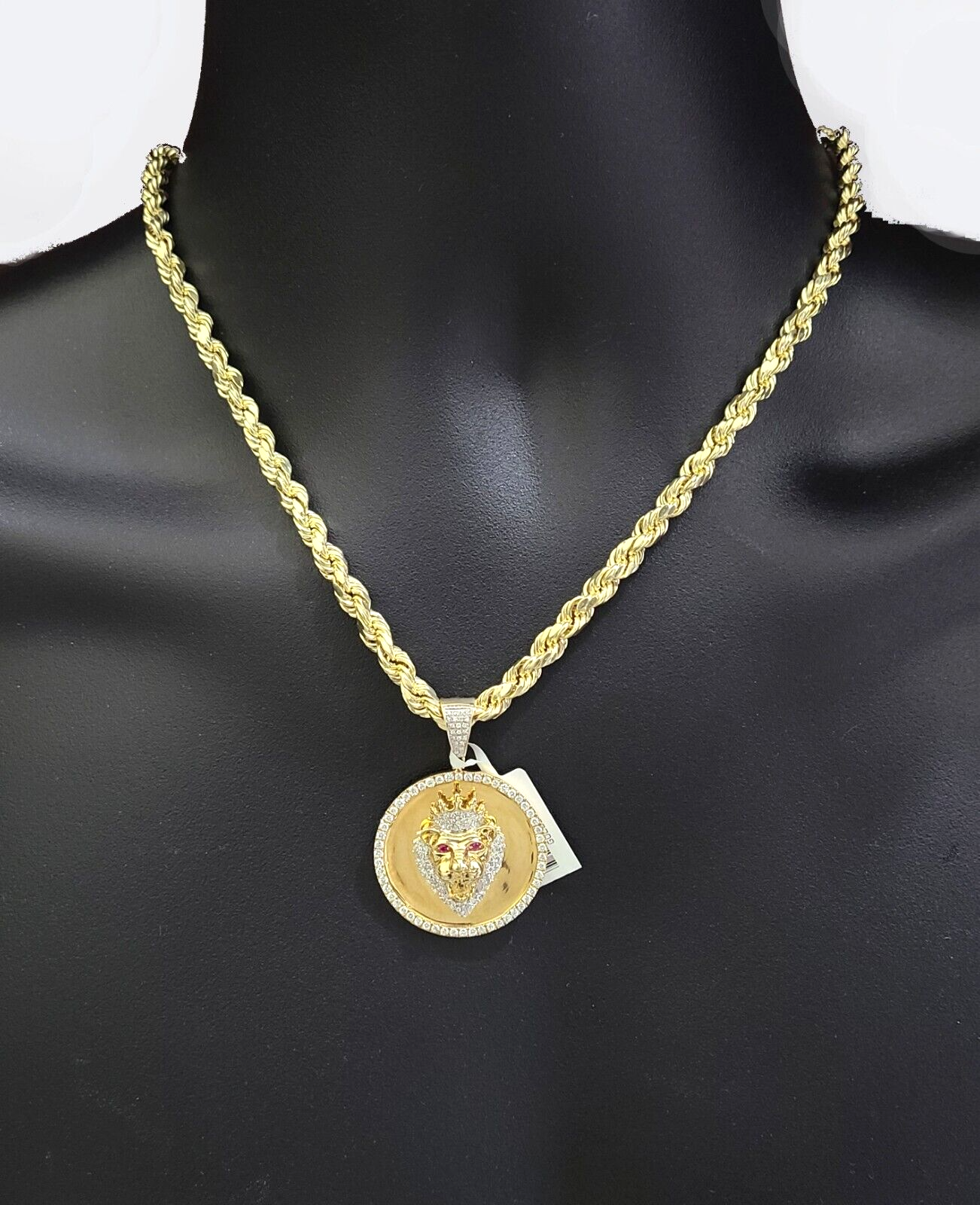 Real 10k Yellow Gold  Rope Chain 28'' Necklace Lion Head Charm Diamond Pendant