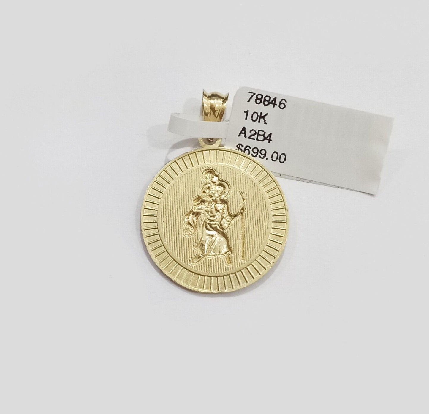 Real 10k Yellow Gold Circular Saint Christopher Charm Pendant Men Women 10kt