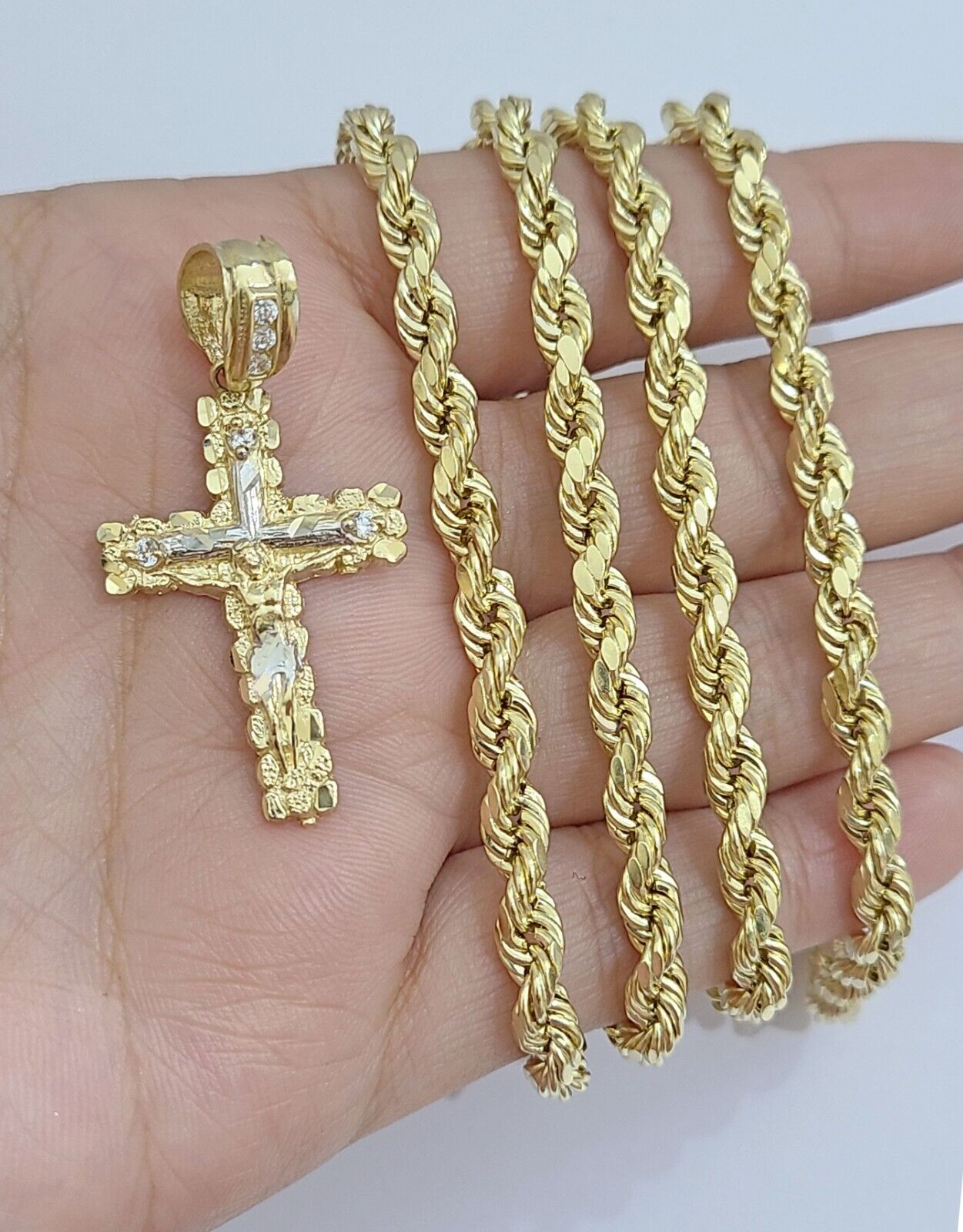 Real 14k Yellow Gold Rope Chain 26'' Necklace Jesus Crucifix Cross Charm Pendant