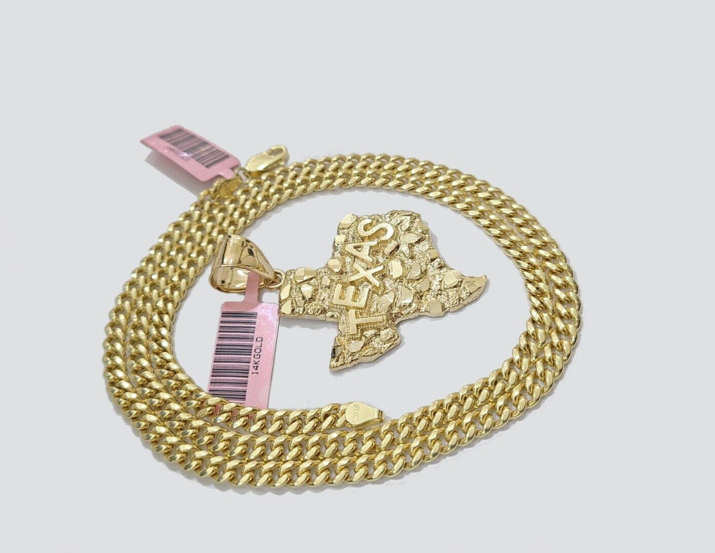14k Yellow Gold Miami Cuban Chain 24 Inch Necklace Texas Map Charm Pendant Real