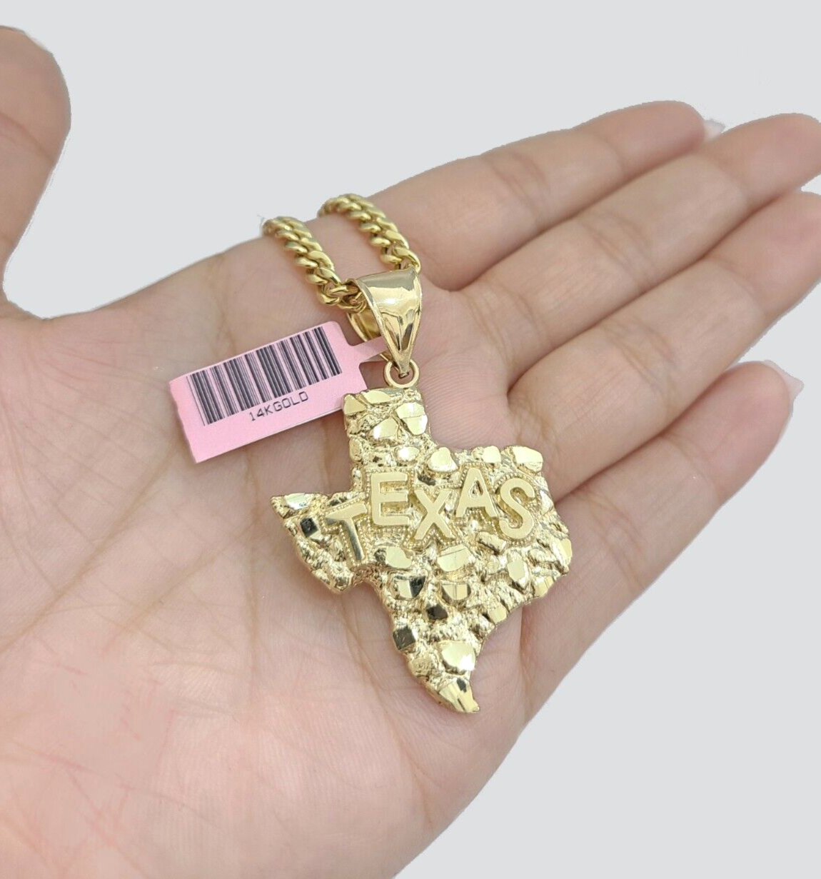14k Yellow Gold Miami Cuban Chain 24 Inch Necklace Texas Map Charm Pendant Real