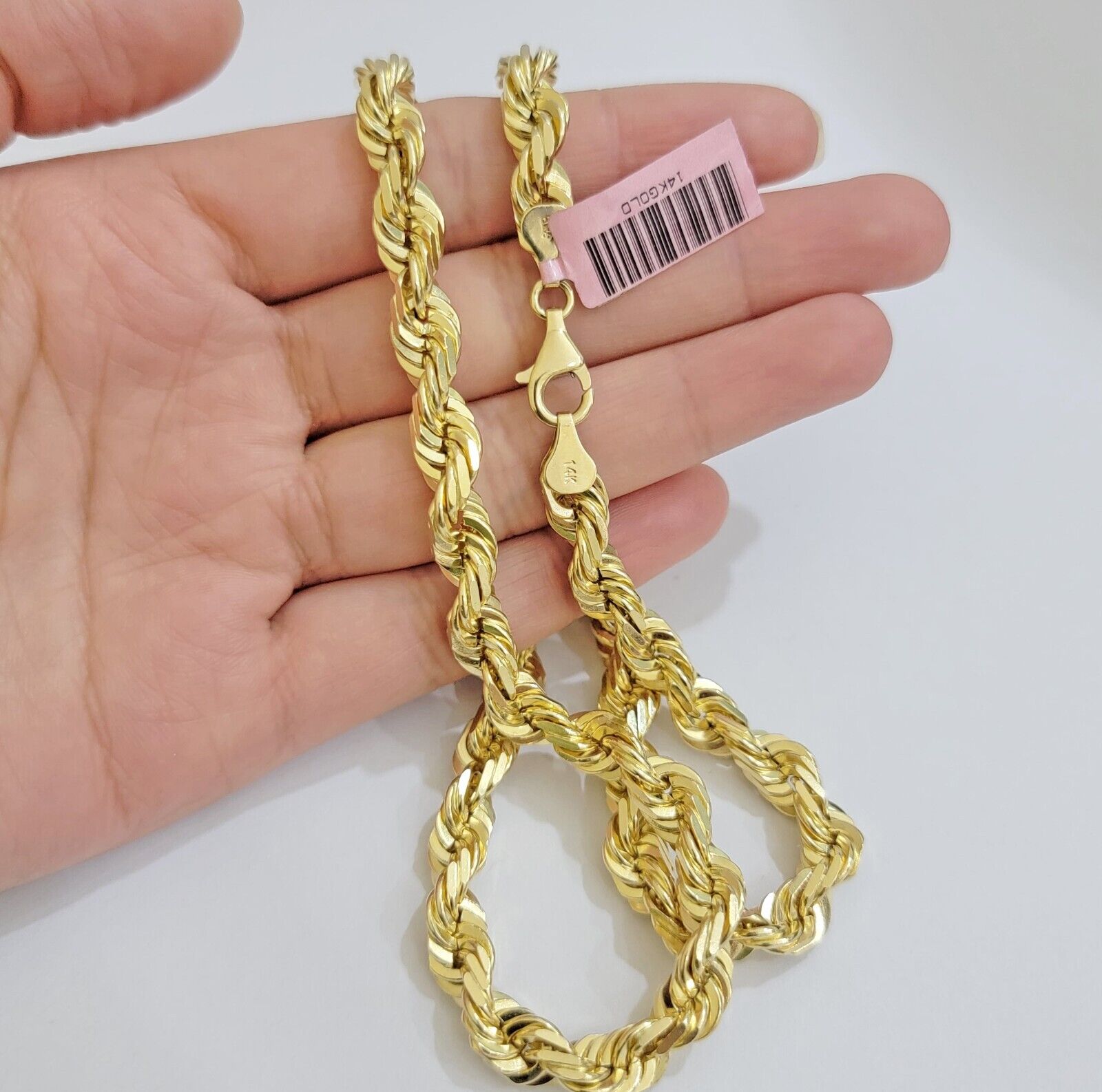 Real 14k Gold Rope Chain Necklace 7mm 24 Inch Diamond Cut SOLID