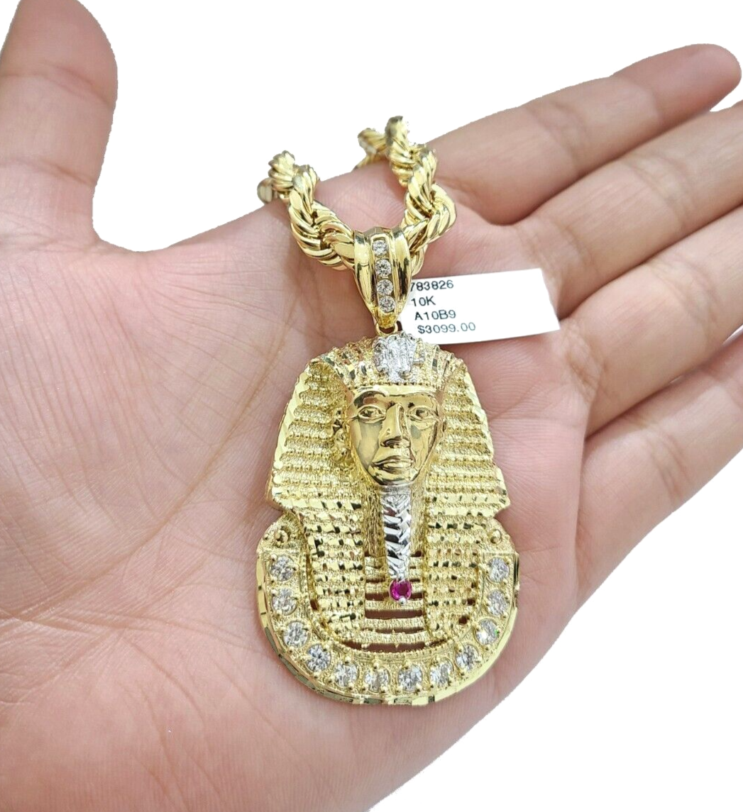 10k Gold Pharaoh Head Charm Rope Chain Necklace 8mm 22'' Set & Pendant 10kt REAL
