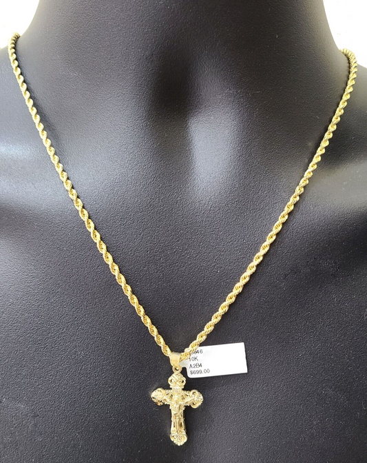 Real 10k Yellow Gold Jesus Cross Charm Rope Chain Necklace 3mm 28'' Pendant 10kt