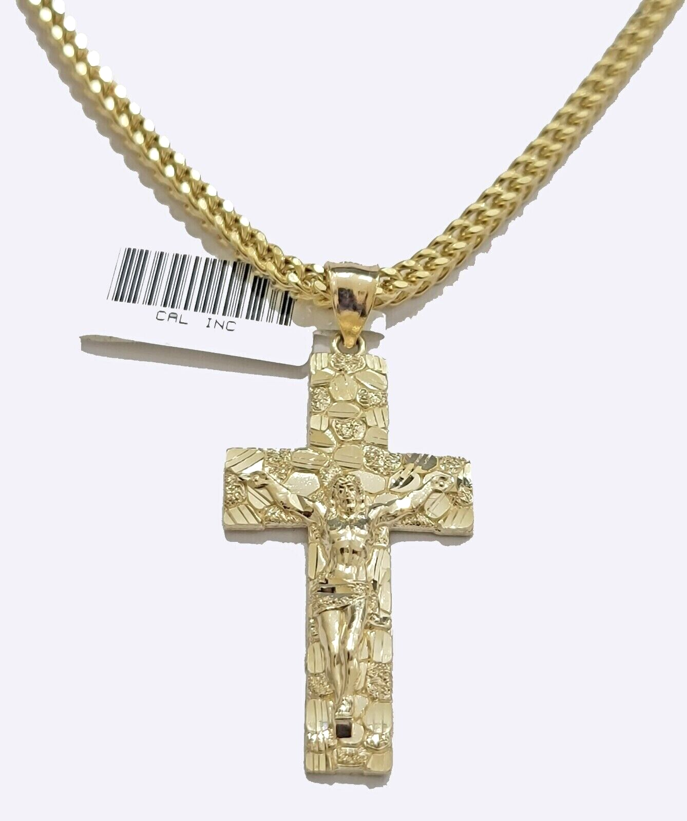 10k Yellow Gold Nugget Jesus Cross Charm Pendant 2'' inches Real 10kt SALE Chain
