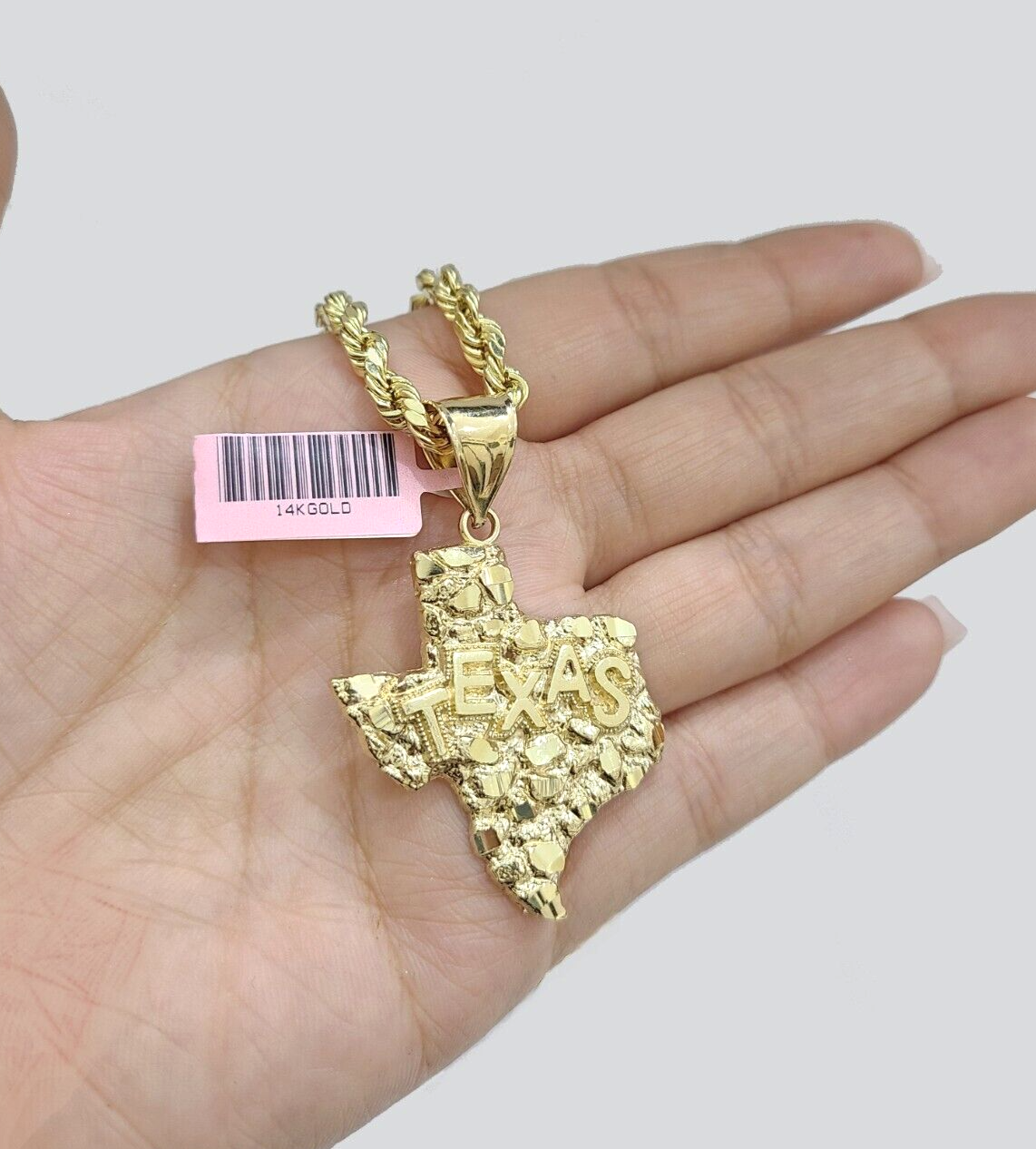 14k Yellow Gold Rope Chain 24'' Inch Necklace Texas Map Charm Pendant Real 14kt