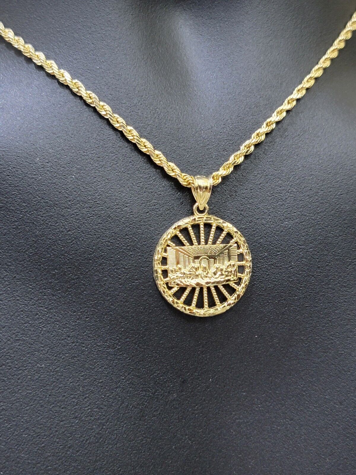 Real 10k Gold Rope Chain Last Supper Pendant Set, 24 Inch 3mm necklace & Charm