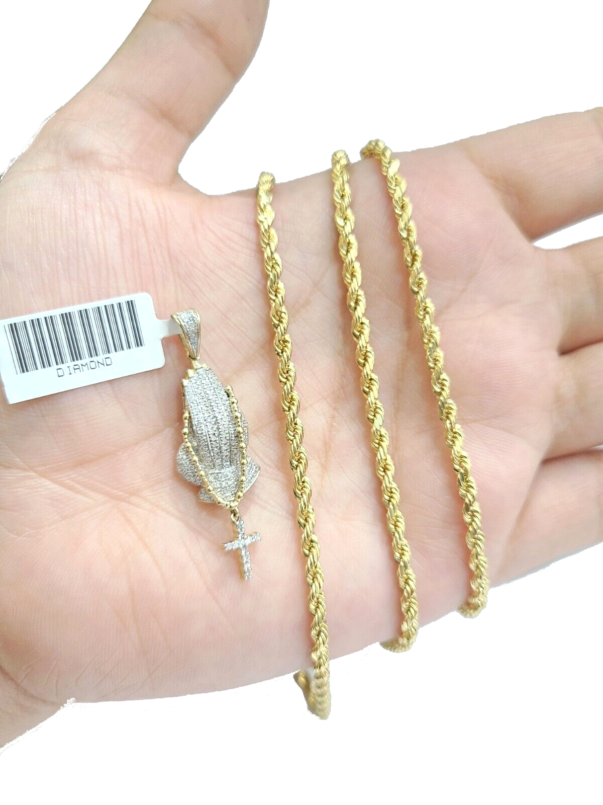Real 10k Yellow Gold 3mm Rope Chain 26" inch Necklace Praying Hand Charm Cross