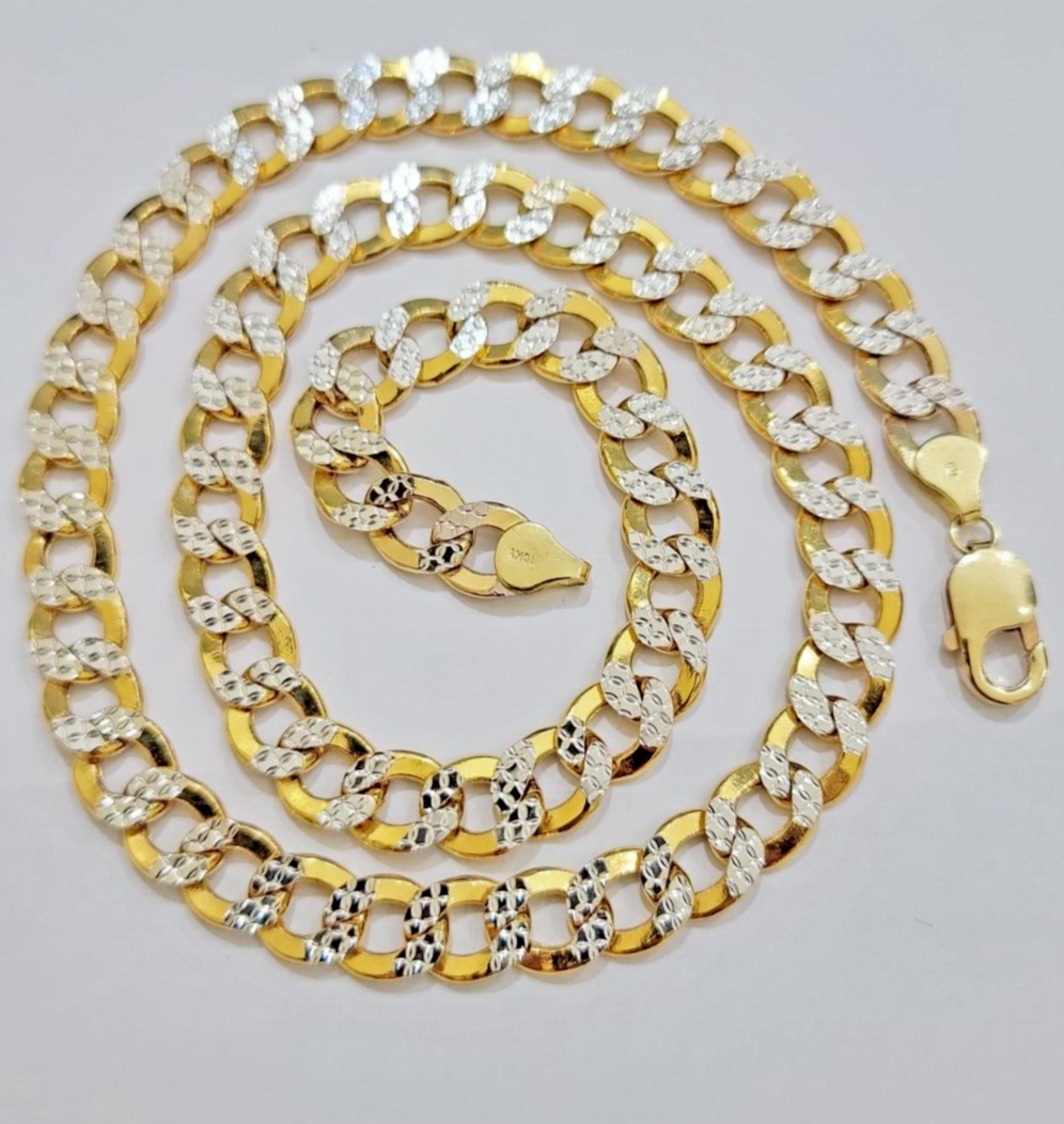 Real 10k Yellow Gold Chain Curb Link Necklace 10mm 24 Inch Diamond Cut Two-tone