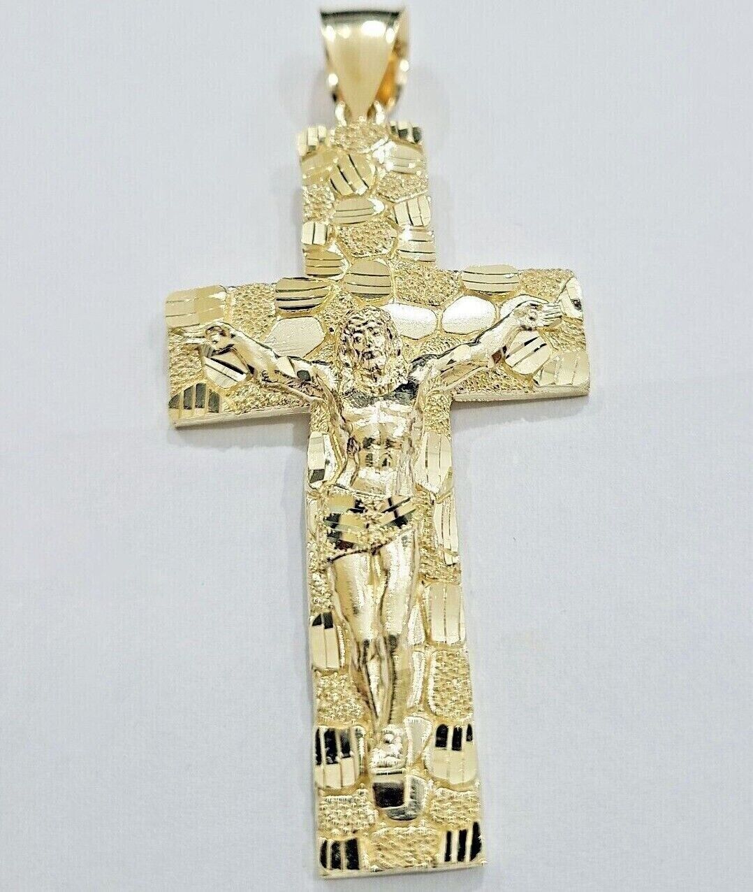10k Yellow Gold Nugget Jesus Cross Charm Pendant 2'' inches Real 10kt SALE Chain