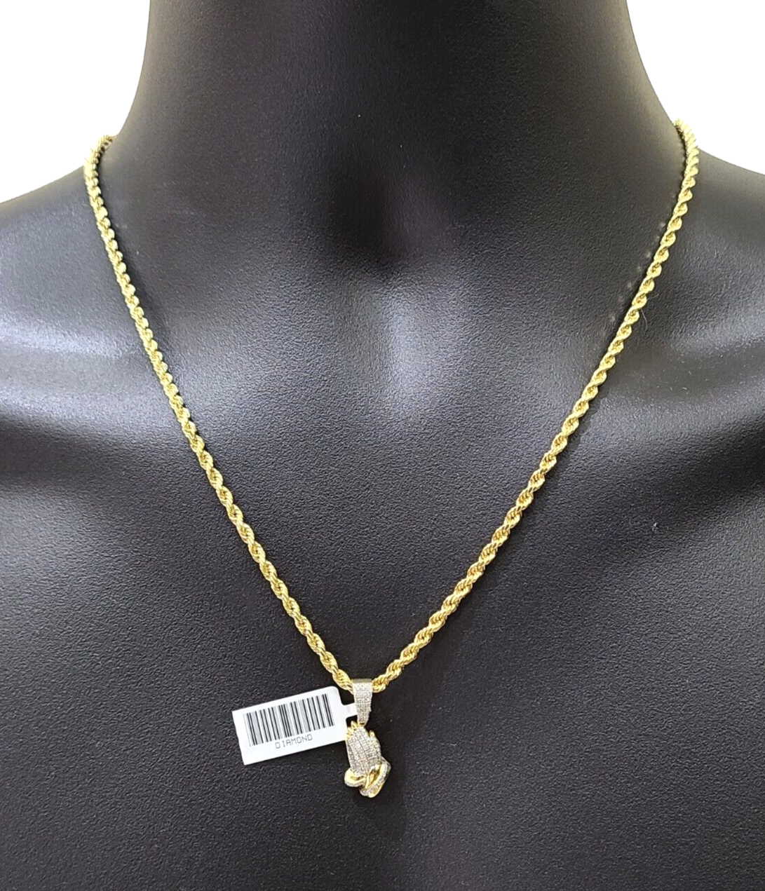 Real 10k Yellow Gold 3mm Rope Chain 20" inch Necklace Praying Hand Charm Pendant