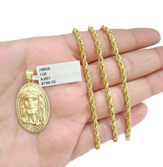 10k Gold Circular Jesus Head Charm Rope Chain Necklace 3mm 22''Set Pendant 10kt