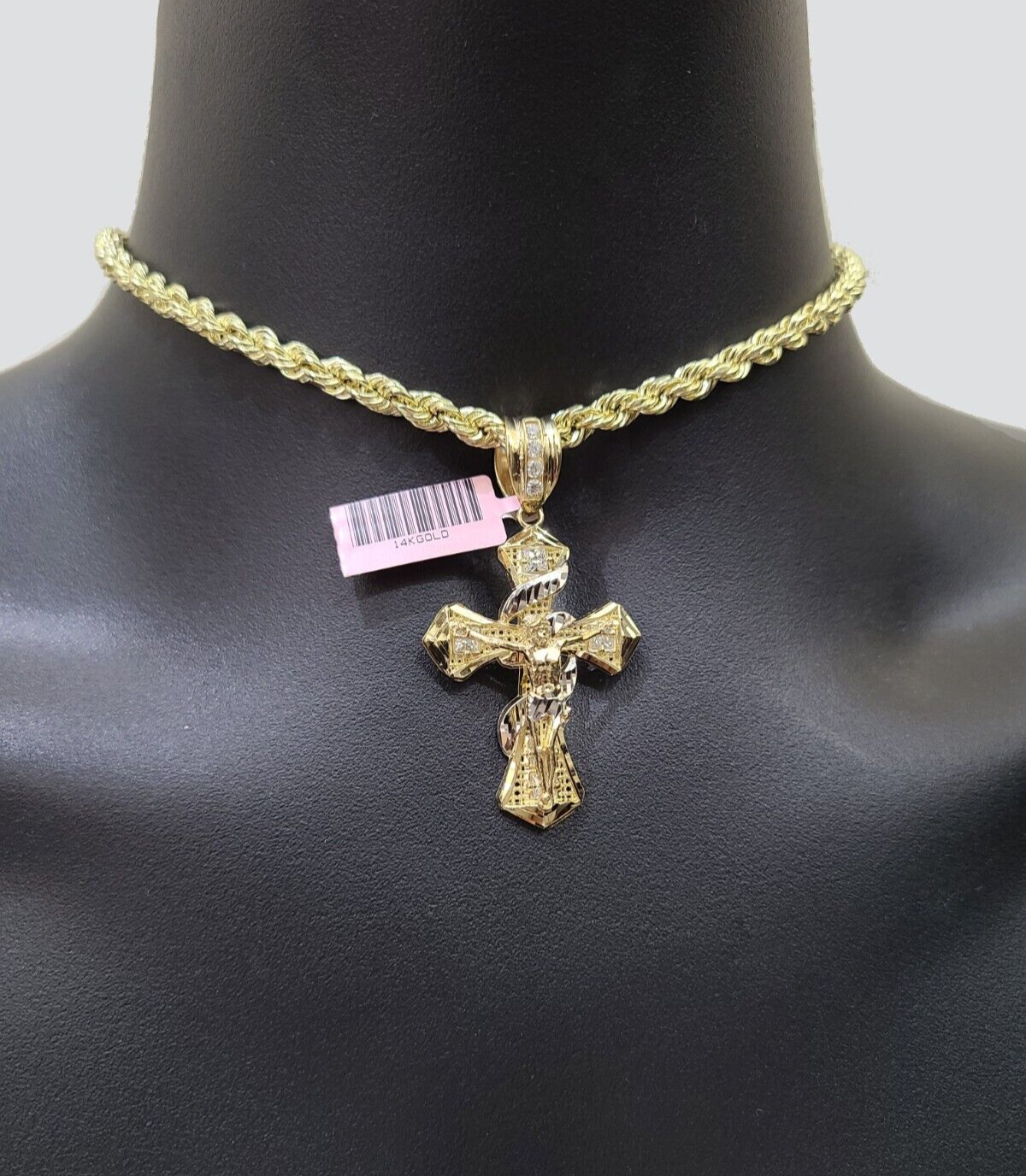 Real 14k Yellow Gold Rope Chain 5mm 26'' Necklace Jesus Cross Charm Pendant 14kt