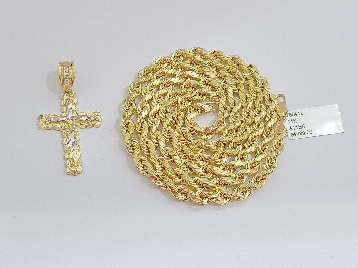 Real 14k Yellow Gold Rope Chain 26'' Necklace Jesus Crucifix Cross Charm Pendant