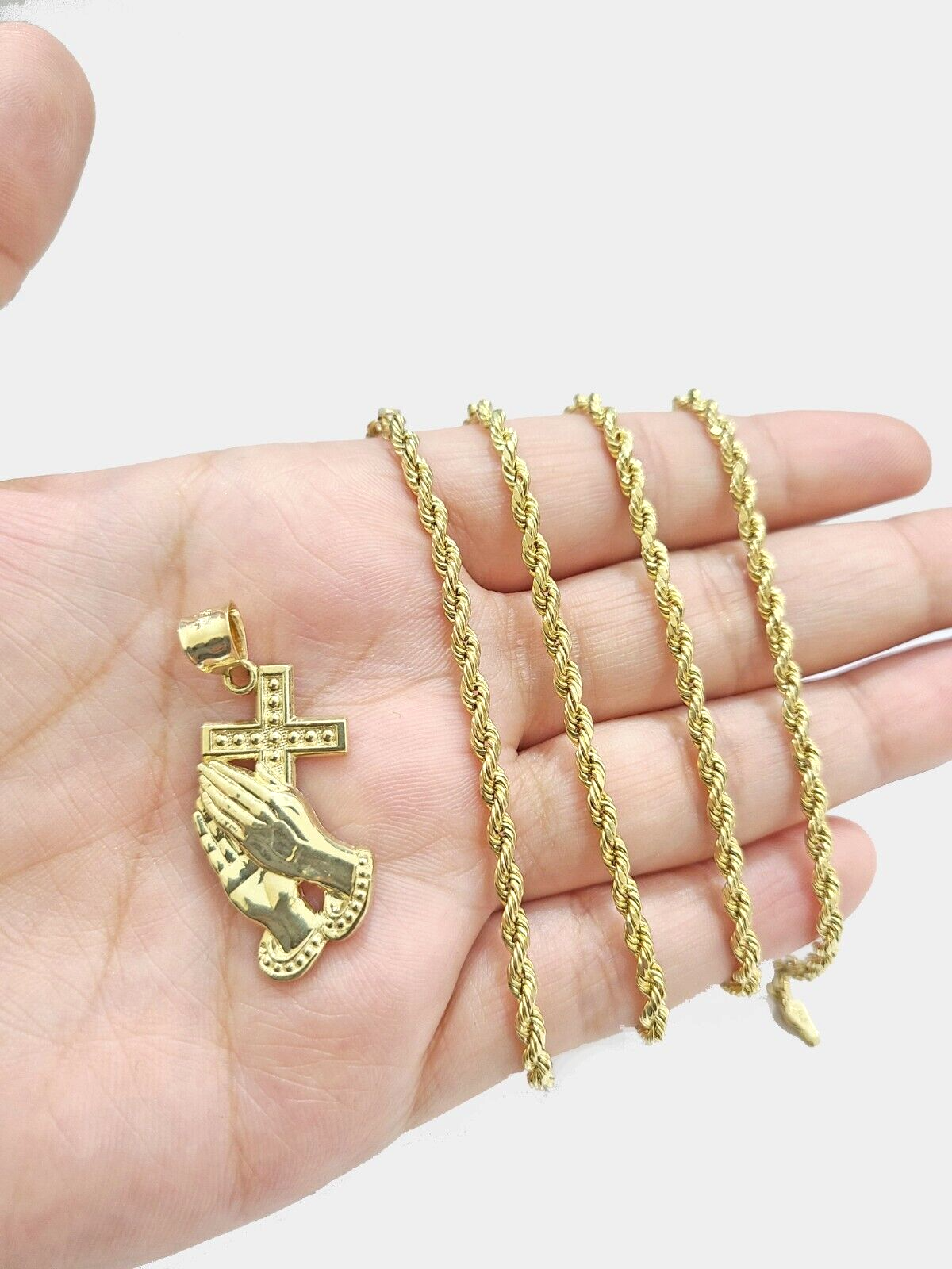 Real 10k Yellow Gold Rope Chain 28'' Necklace Praying Hand Cross Charm Pendant