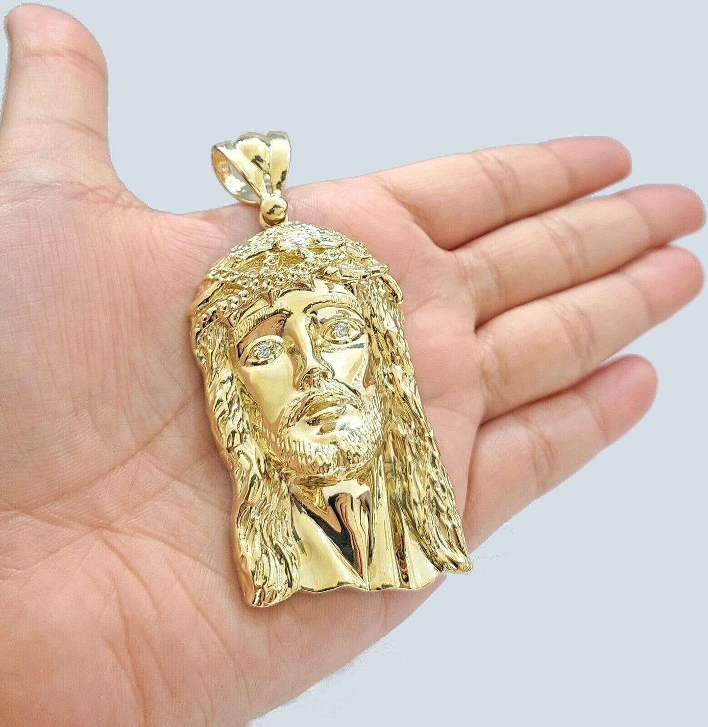 Real 14k Yellow Gold Jesus Face Charm Pendant Head 3" Inch For Chain, 14K
