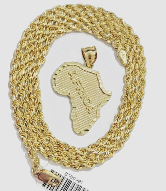 10k Yellow Gold Africa Map Charm Rope Chain 20 Inch Necklace Pendant SET SALE