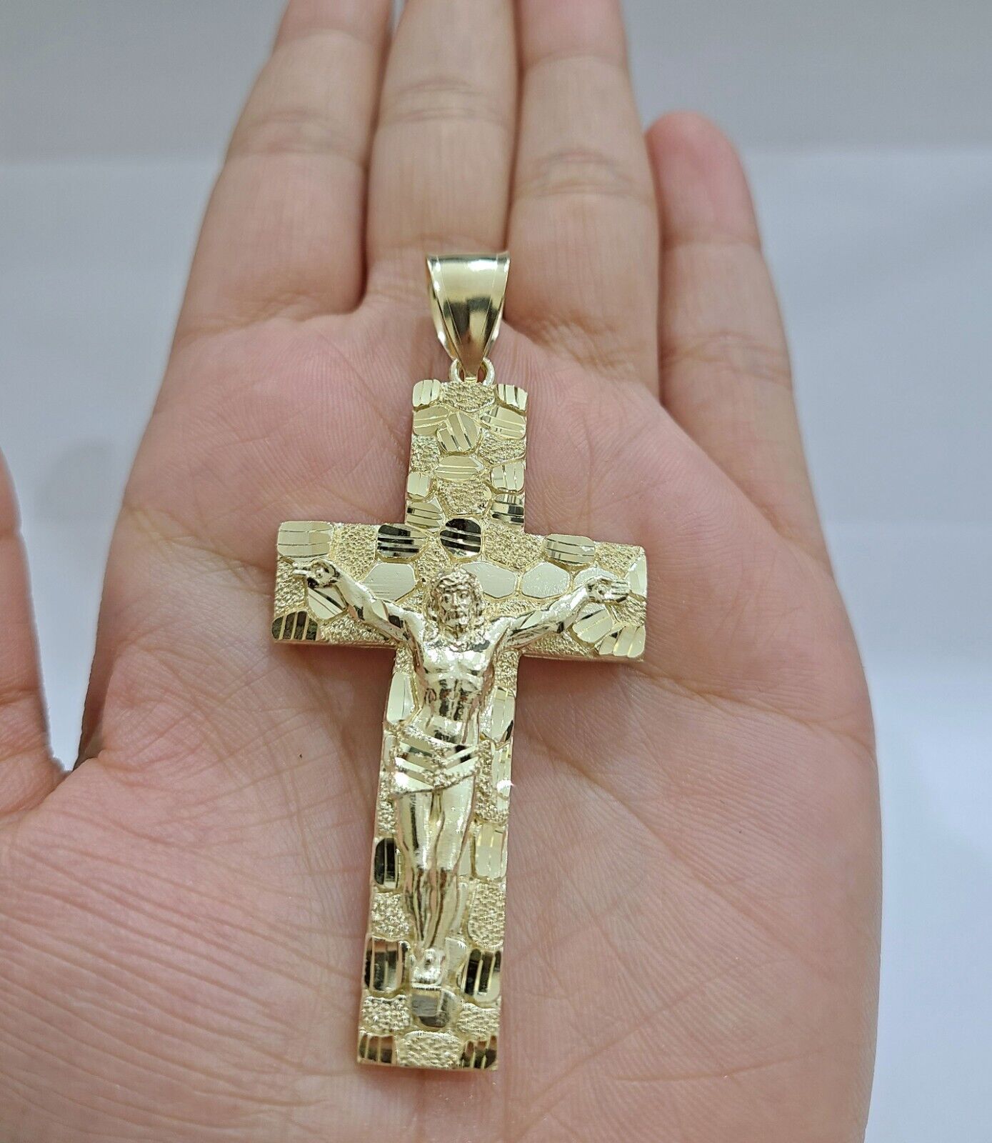 Real 10k Yellow Gold Box Byzantine Chain 24'' Necklace Jesus Cross Charm pendant
