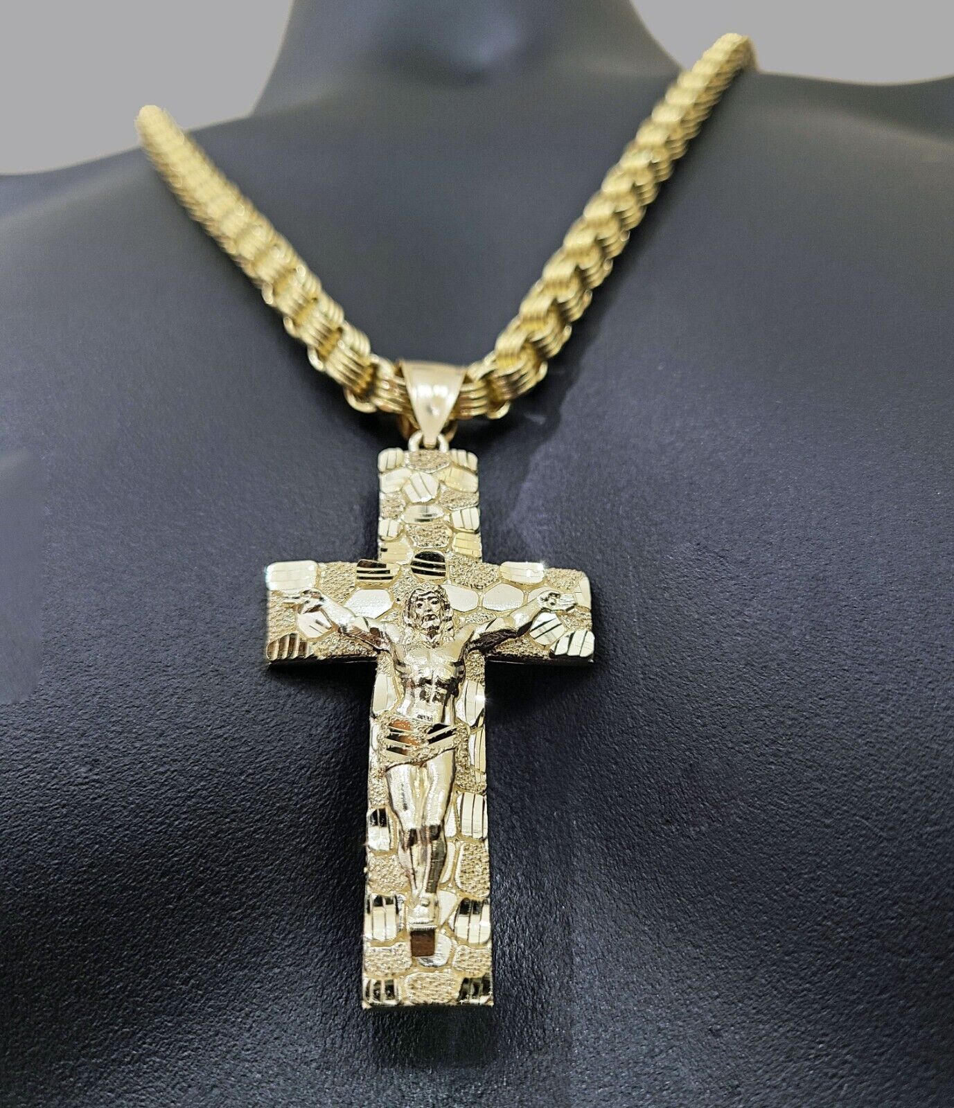 Real 10k Yellow Gold Box Byzantine Chain 24'' Necklace Jesus Cross Charm pendant