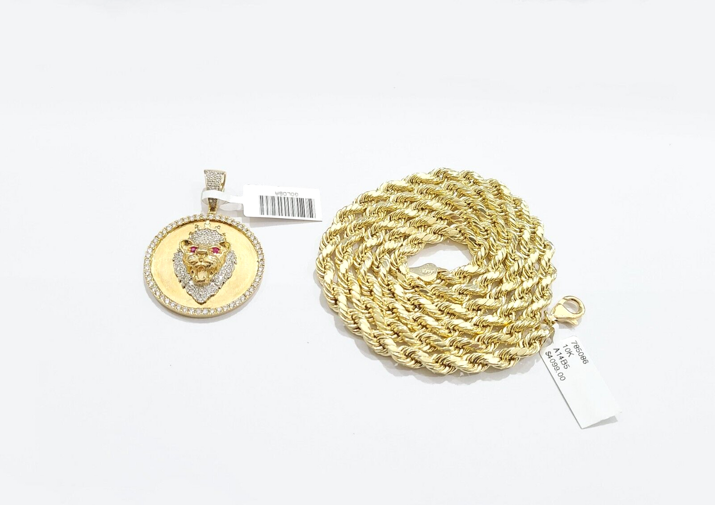 Real 10k Yellow Gold  Rope Chain 28'' Necklace Lion Head Charm Diamond Pendant