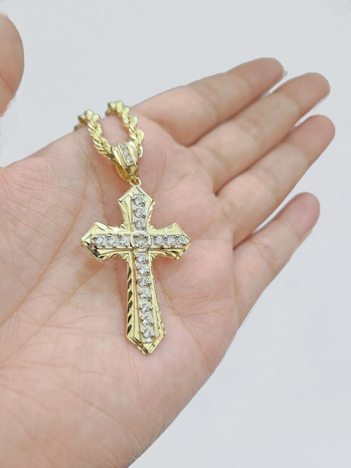 Real 10k Yellow Gold Cross Charm Rope Chain Necklace 4mm 26'' Pendant 10kt Jesus