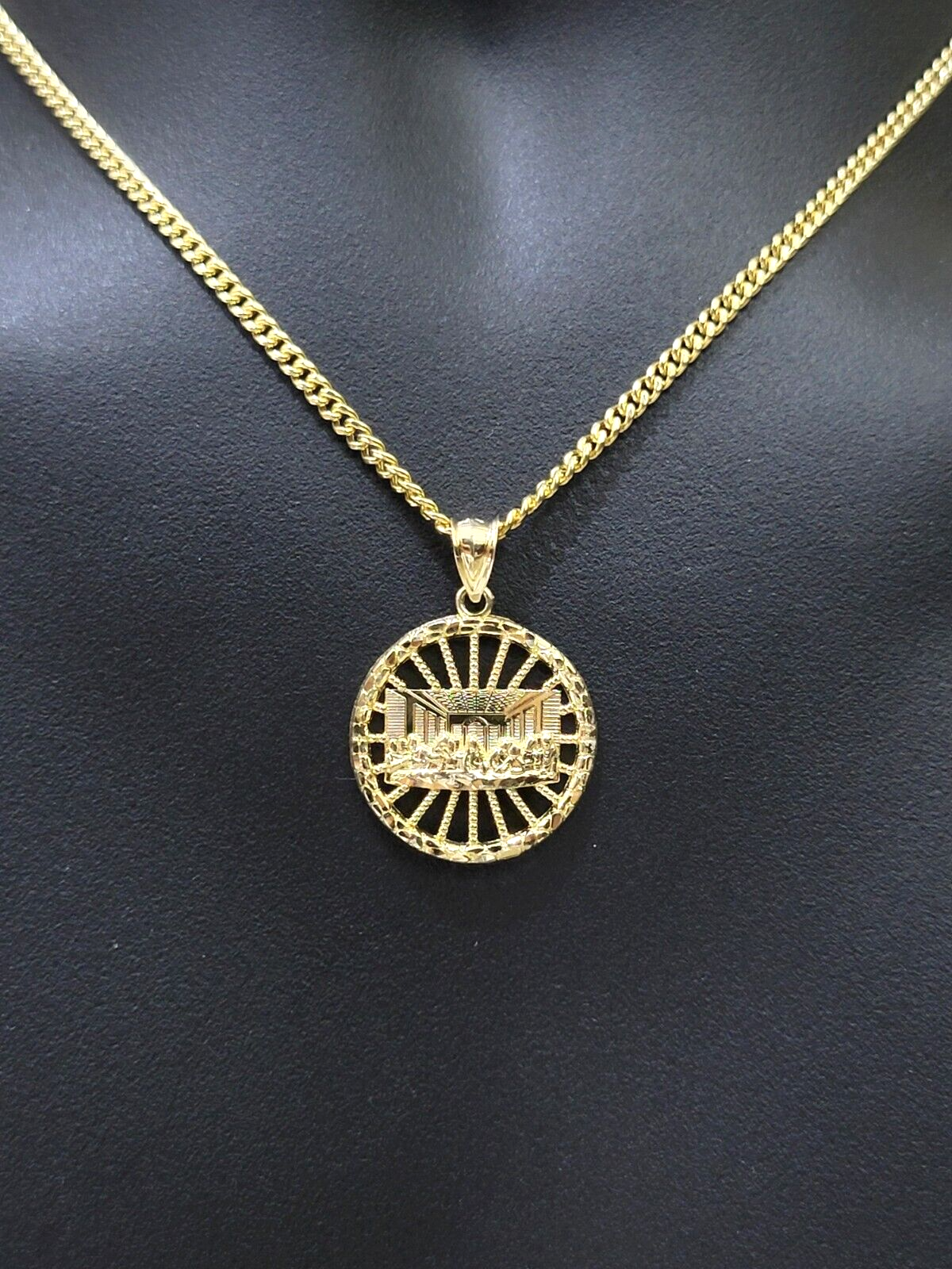 Real 10k Yellow Gold chain Charm Last supper Pendant set Miami Cuban 4mm 22 Inch