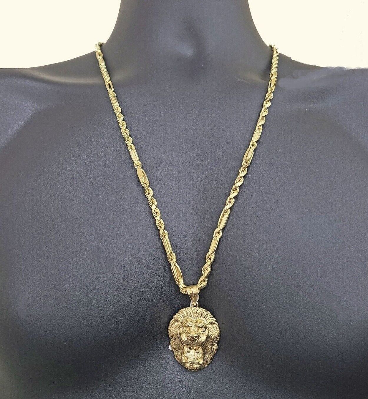 Real 10k Yellow Gold Milano Rope Chain 26''  Necklace Lion Head charm pendant