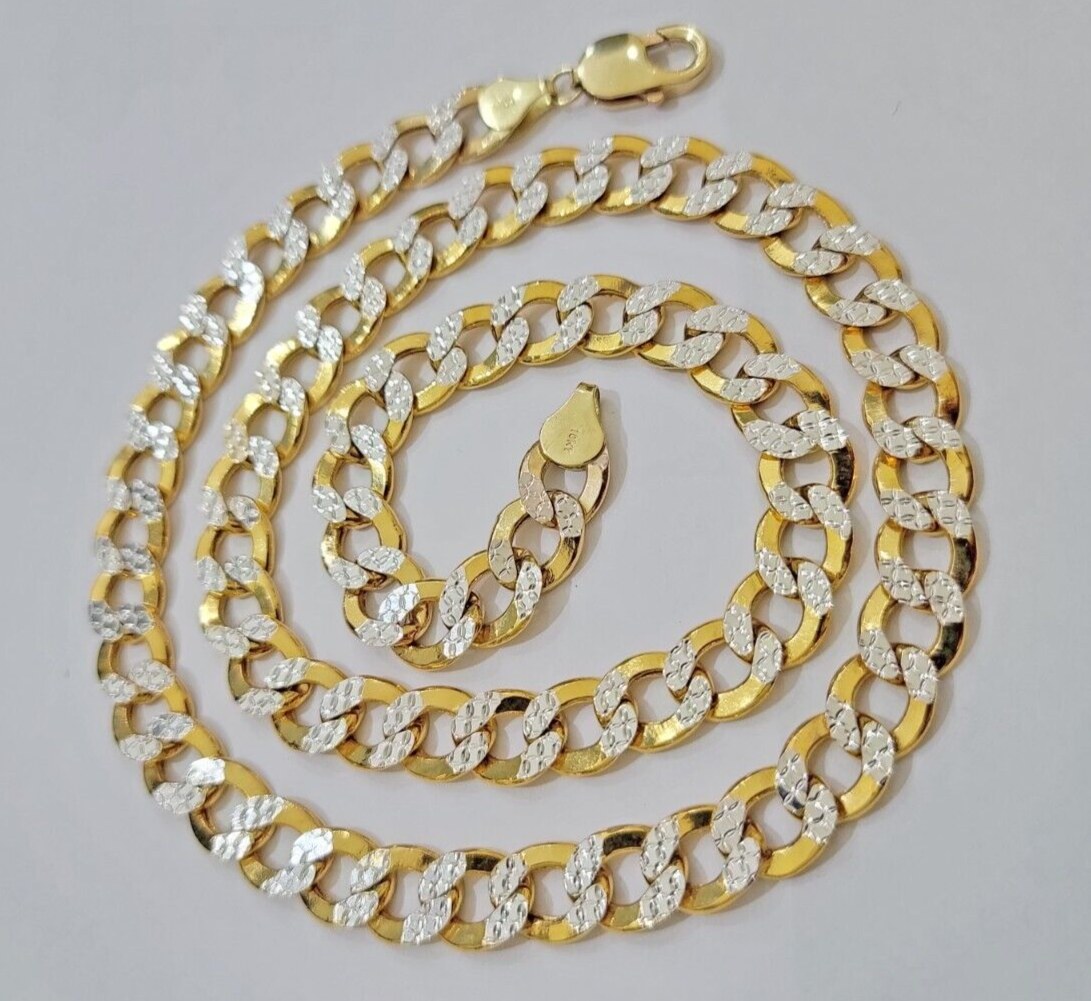 Real 10k Yellow Gold Chain Curb Link Necklace 10mm 24 Inch Diamond Cut Two-tone