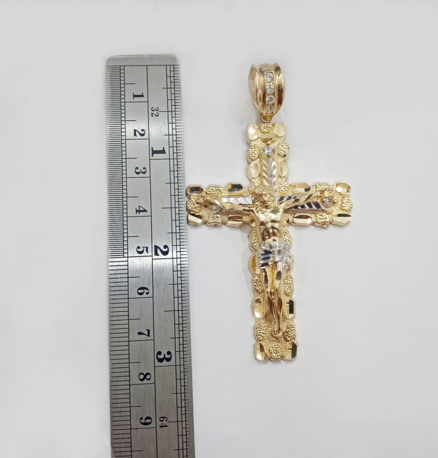 Real 14k Gold Jesus Nugget Cross Charm Pendant 2.9" inch 14kt Yellow Gold
