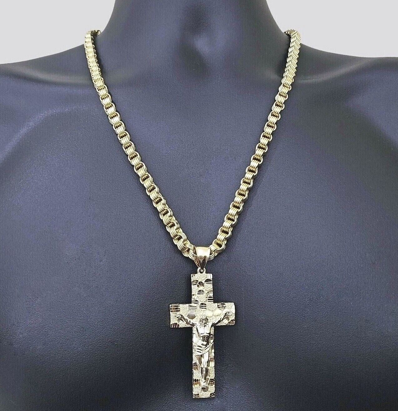 Real 10k Yellow Gold Box Byzantine Chain 24'' Necklace Jesus Cross Charm pendant