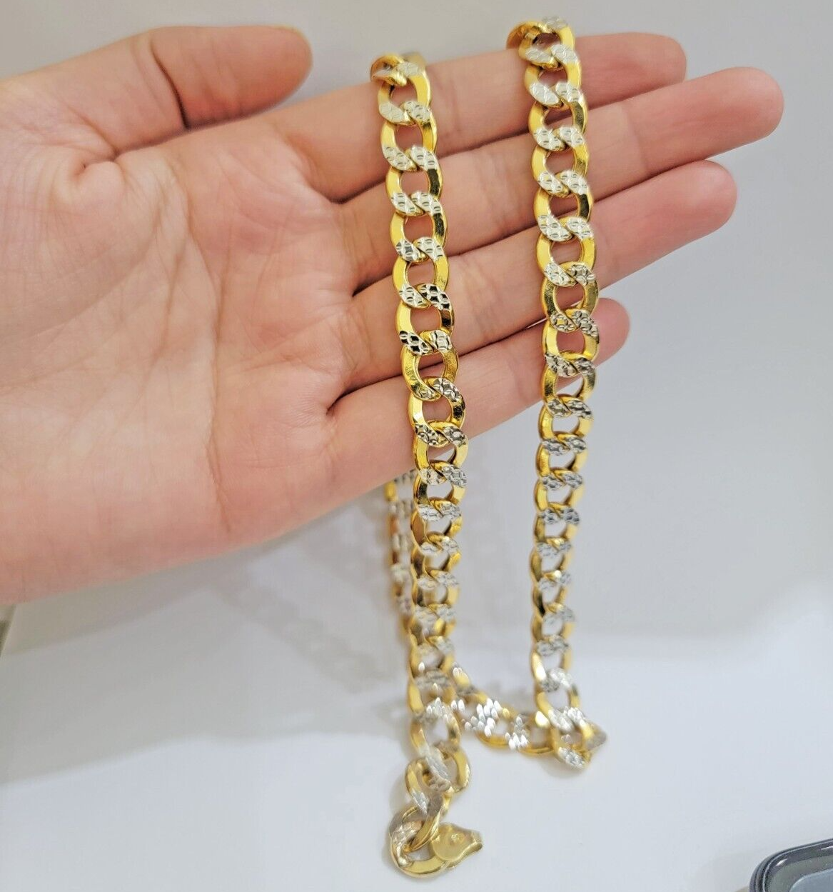 Real 10k Yellow Gold Chain Curb Link Necklace 10mm 24 Inch Diamond Cut Two-tone
