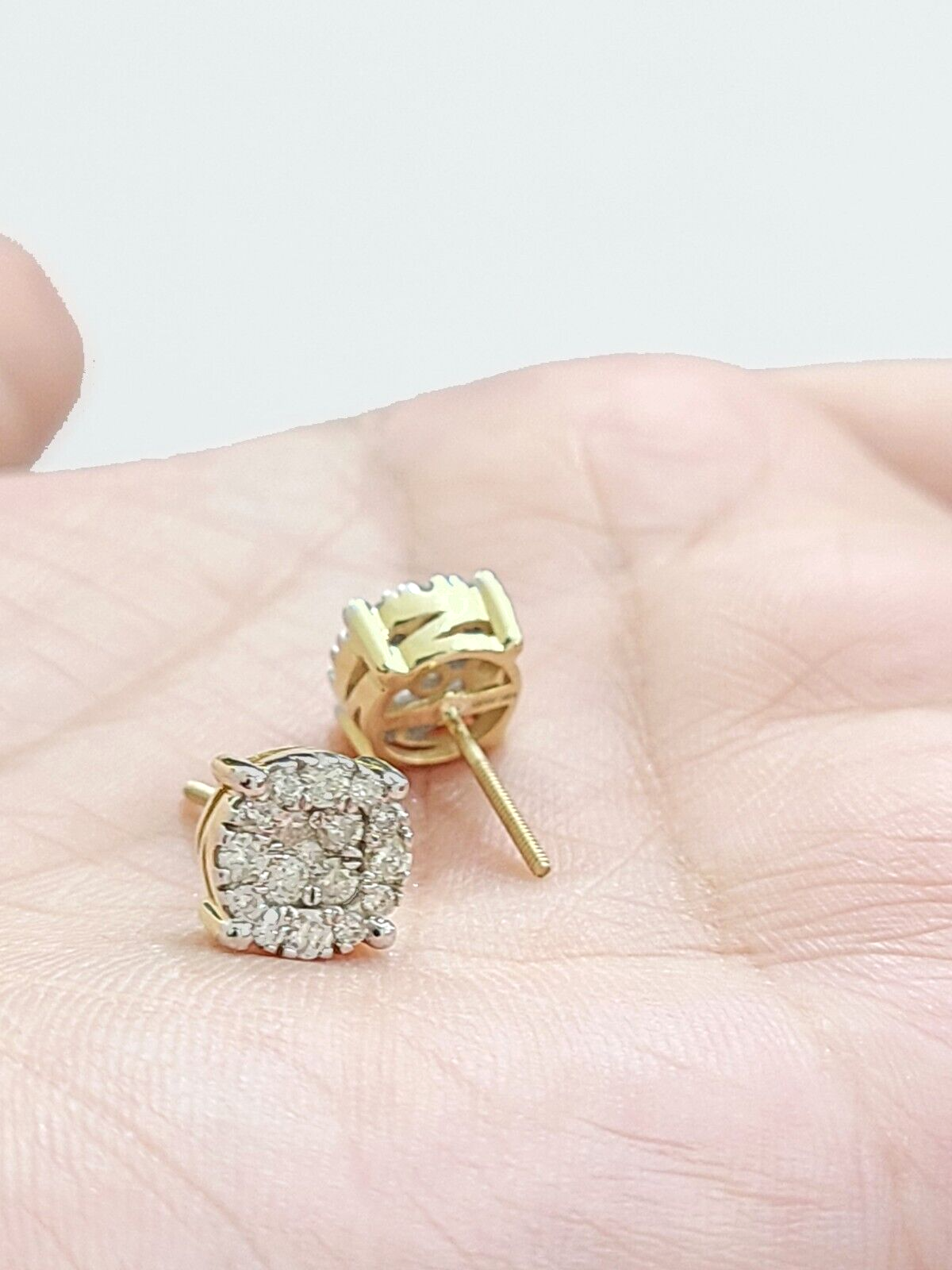 Real 10k Yellow Gold Earring Stud Diamond Round Design Men Women Screw Back