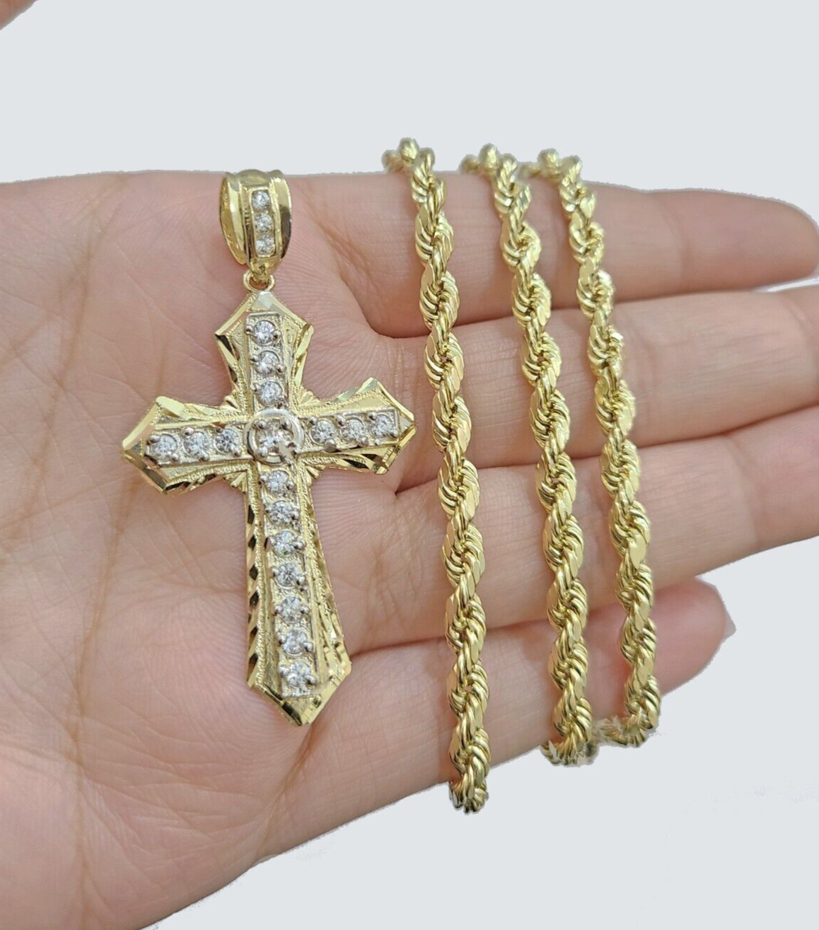 14k Yellow Gold Cross Charm Rope Chain Necklace 4mm 22'' Pendant 14kt Jesus Real