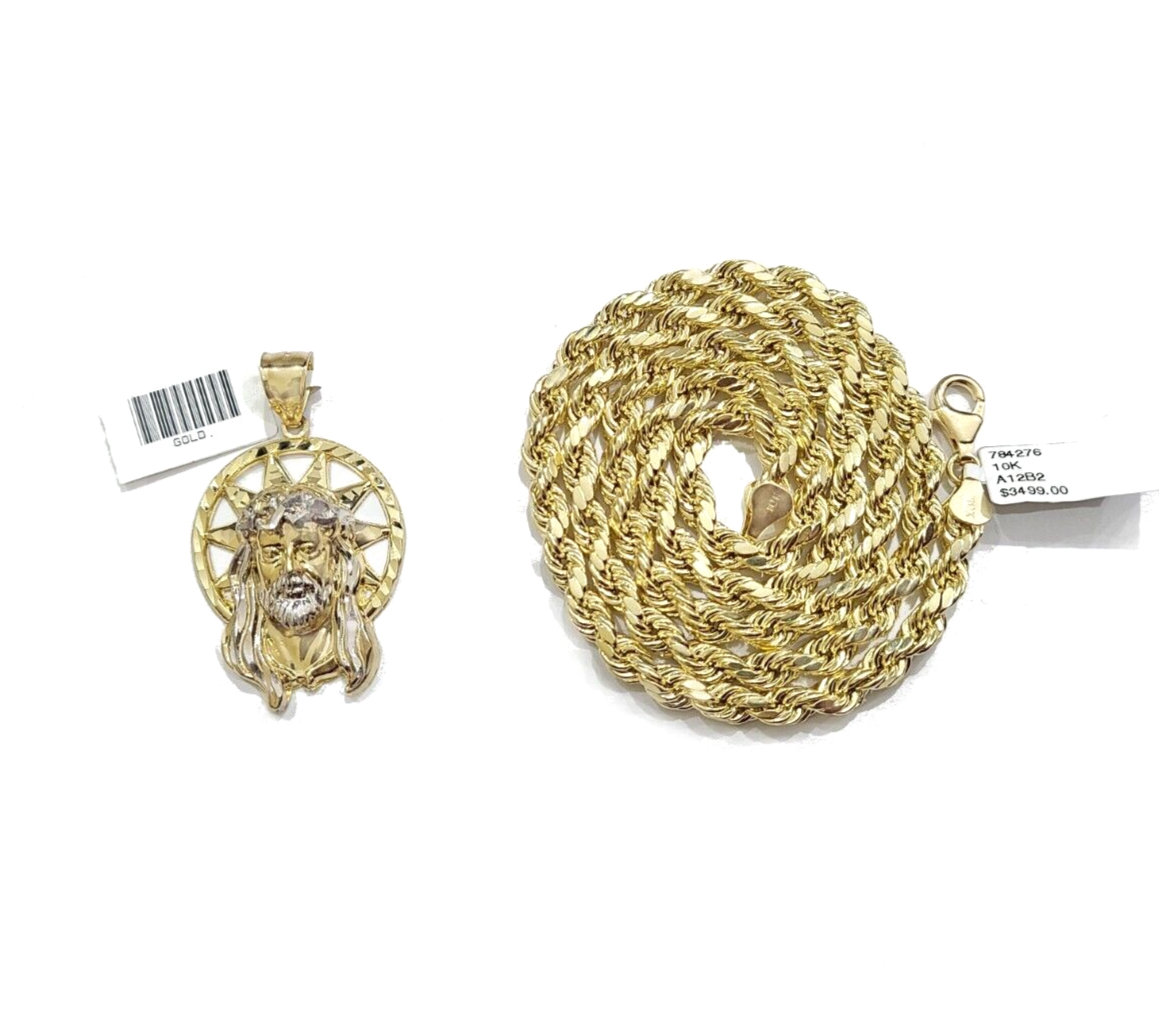10k Gold Circular Jesus Star Head Charm Rope Chain Necklace 6mm 30'' Set Pendant
