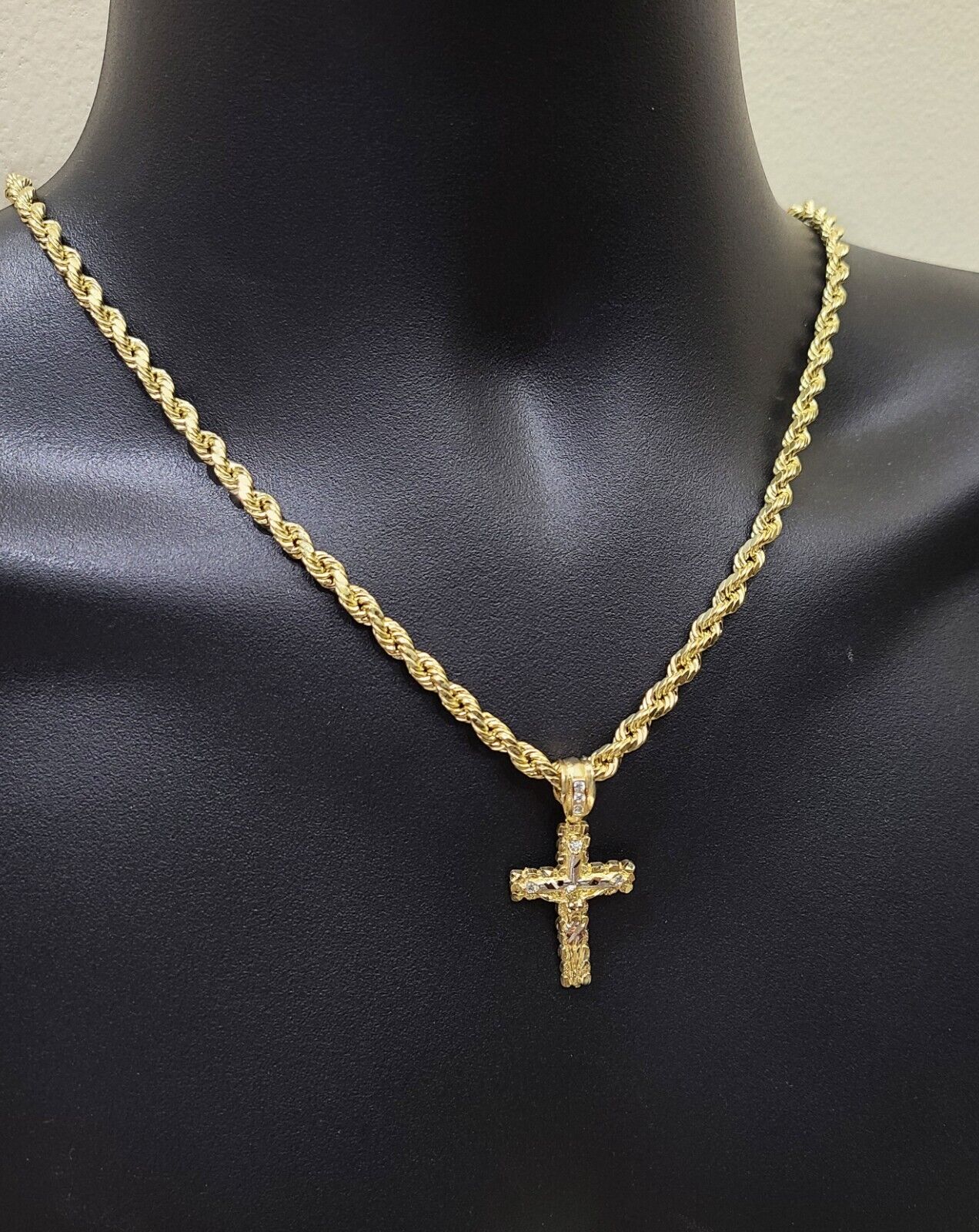 Real 14k Yellow Gold Rope Chain 26'' Necklace Jesus Crucifix Cross Charm Pendant