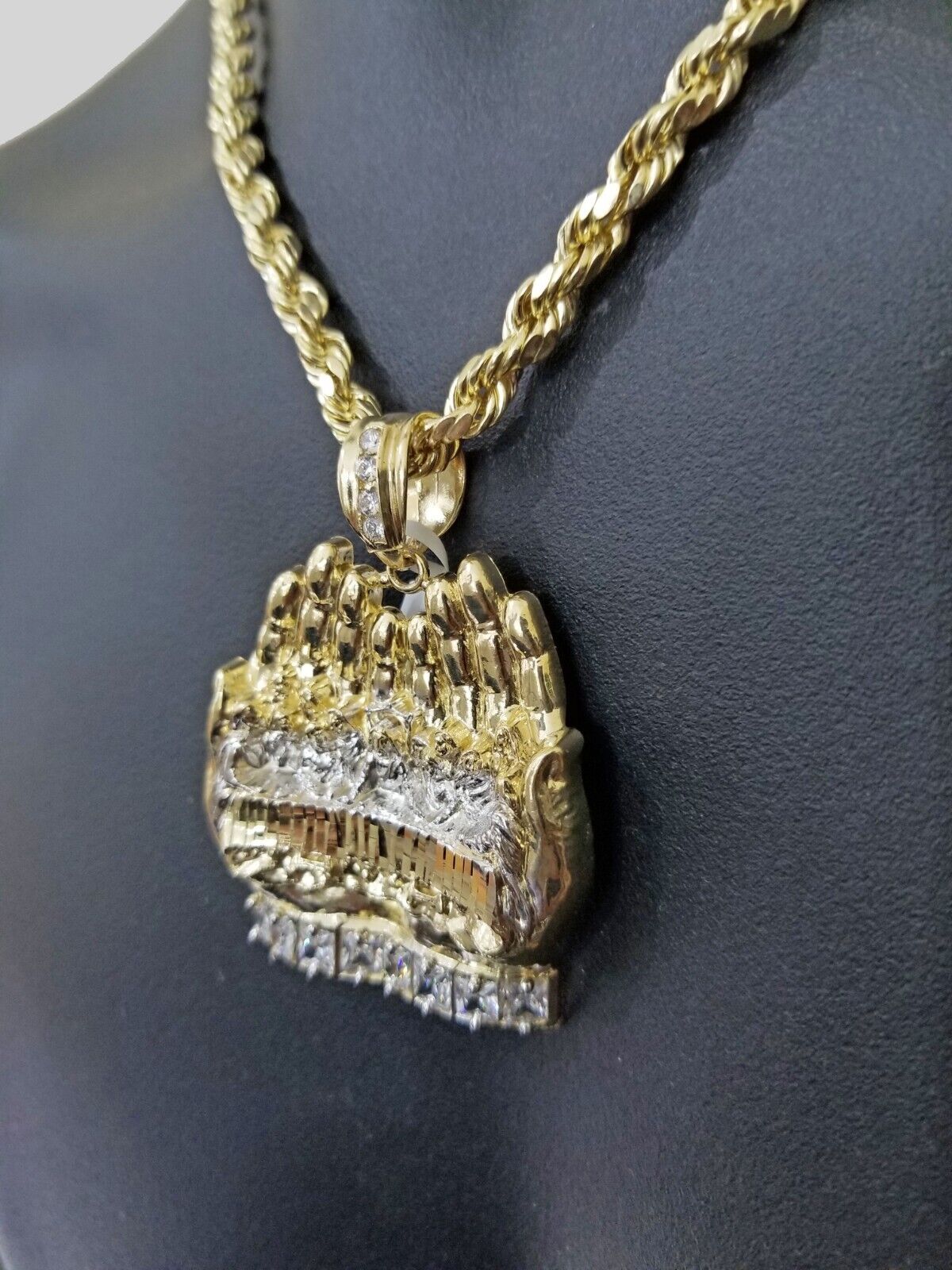 Real 10k Yellow Gold Rope Chain 24" Necklace Praying Hand Last Supper Pendant