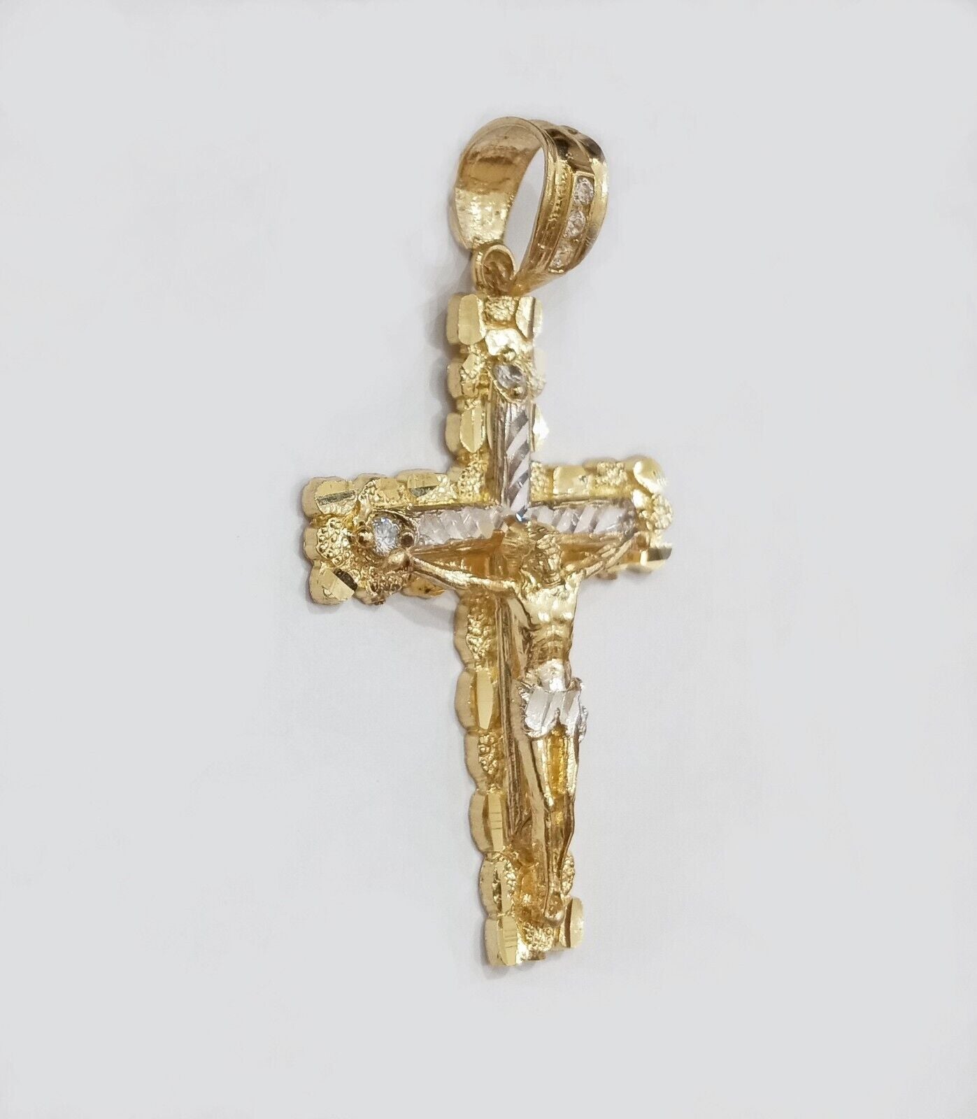 Real 14k Yellow Gold Nugget Jesus Cross Charm Pendant 2" 14kt Gold