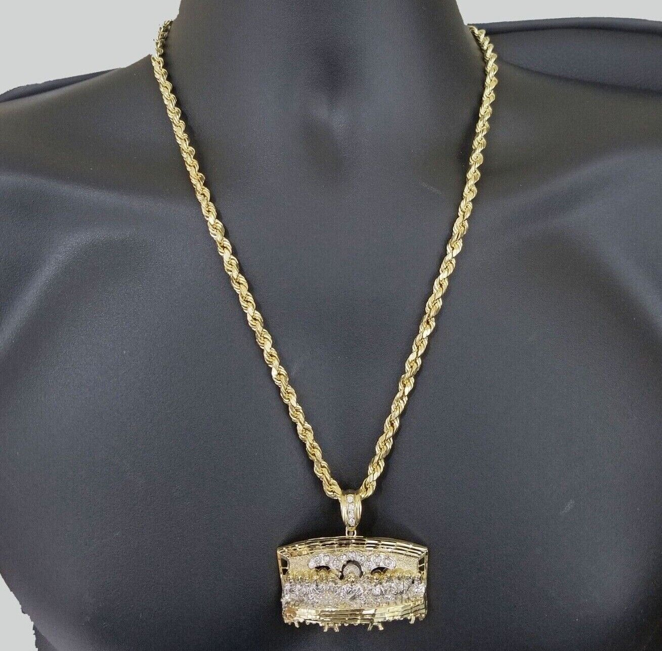 Real 10k Yellow Gold Rope Chain 24" inch Necklace And Charm Last Supper Pendant