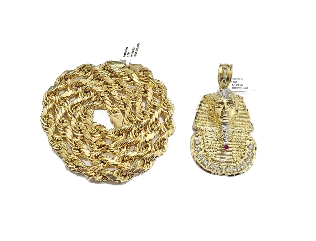 10k Gold Pharaoh Head Charm Rope Chain Necklace 8mm 22'' Set & Pendant 10kt REAL