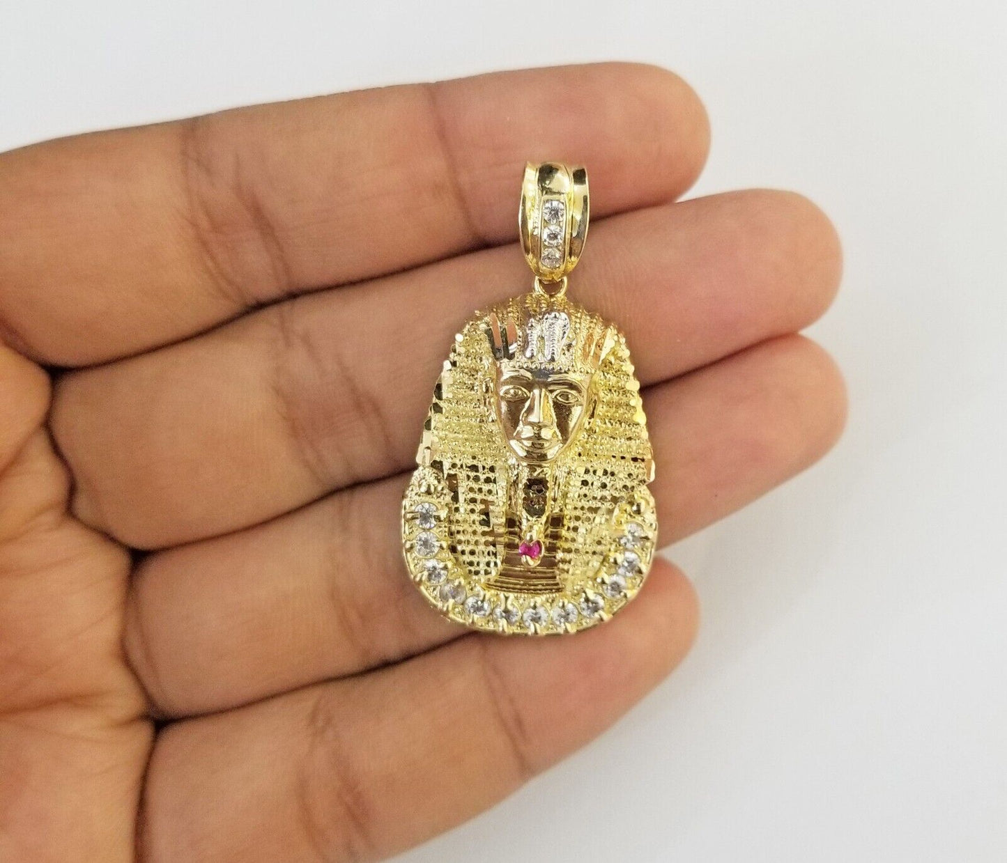 Real 10k Gold Pharaoh Head Charm Pendant 1.6" 10kt Yellow Gold for Men's Chain