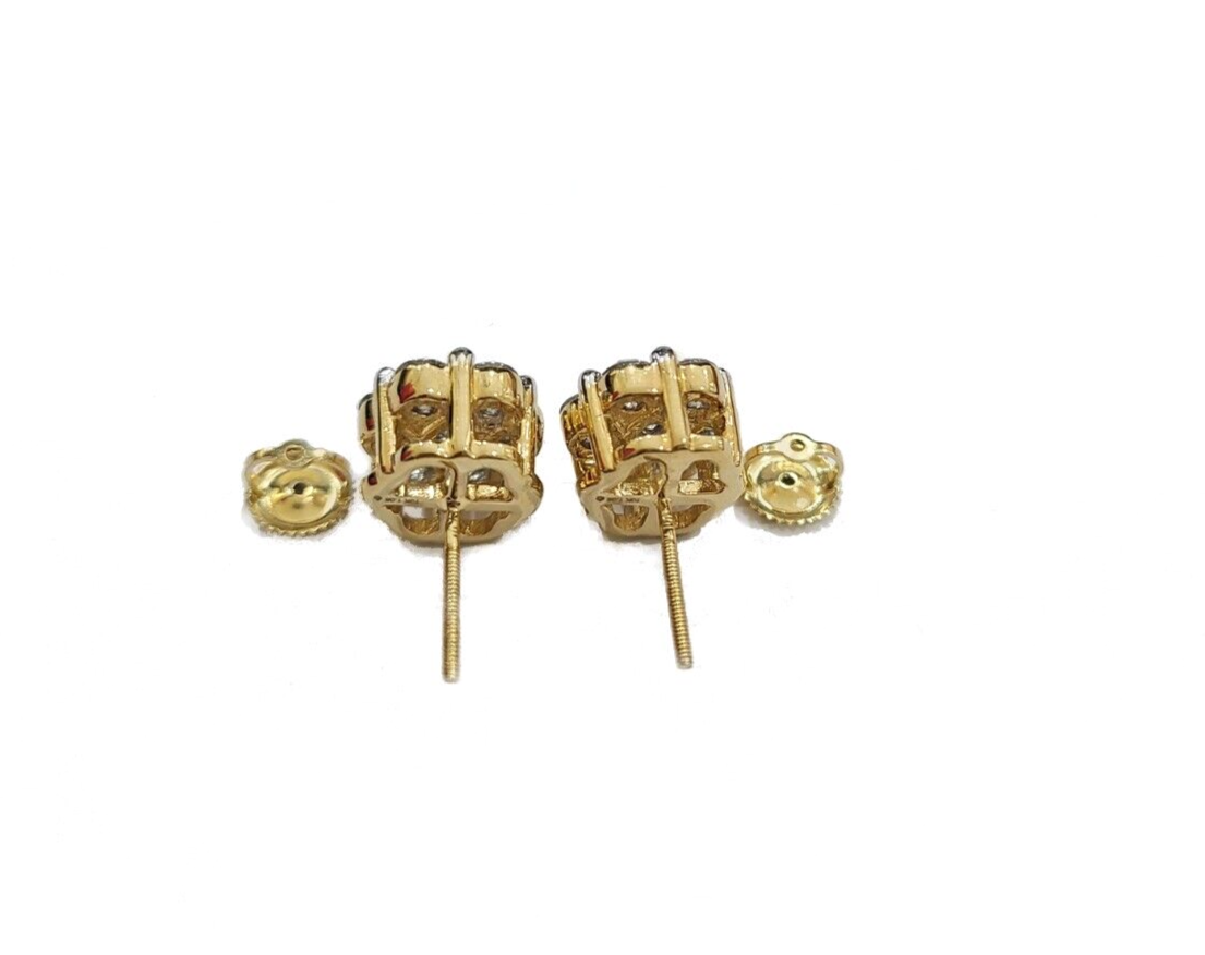 Real 10k Yellow Gold Earring Stud White Diamond 2.11CT Round Design Unisex