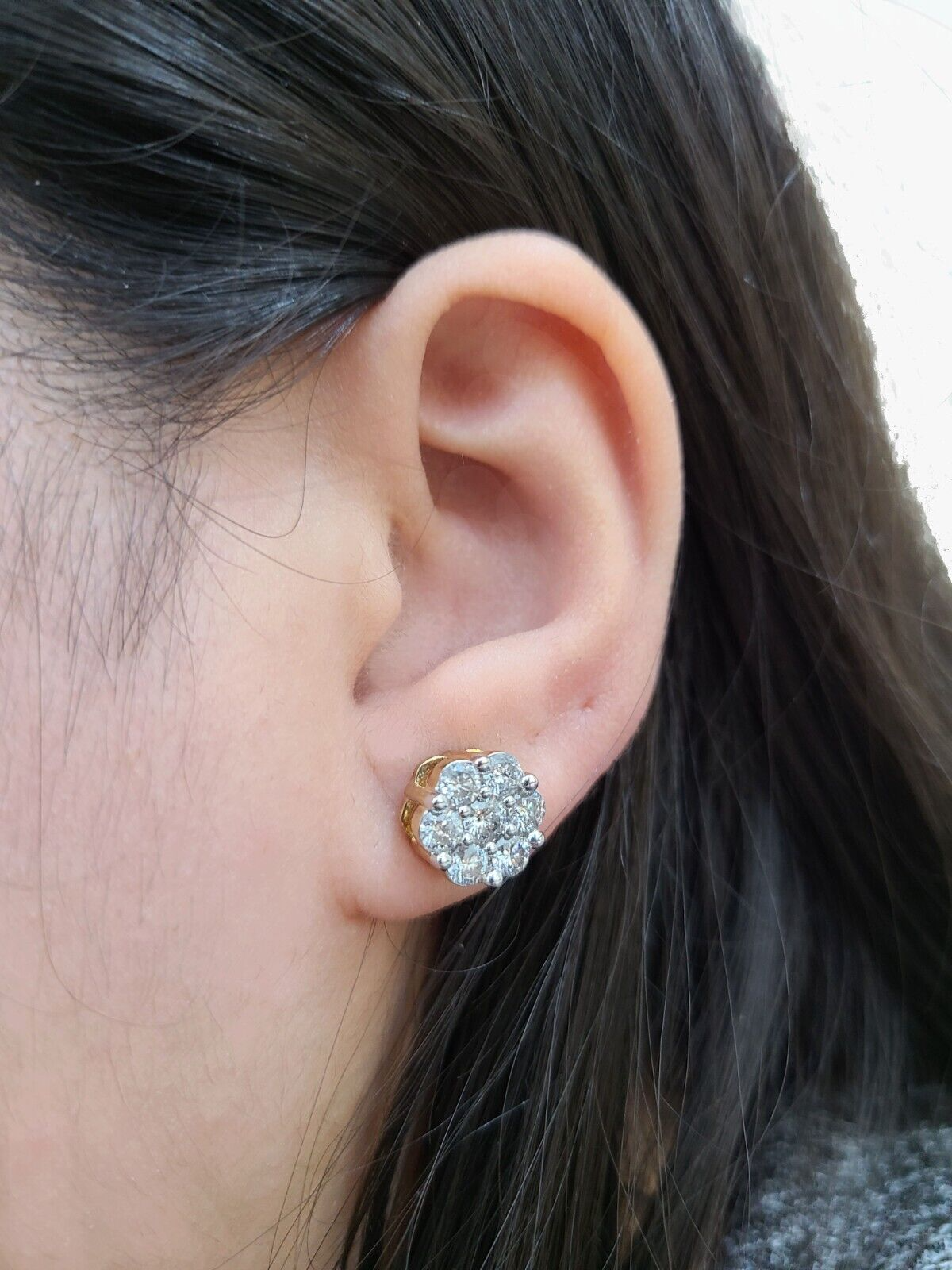 Real 10k Yellow Gold Earring Stud White Diamond 2.11CT Round Design Unisex