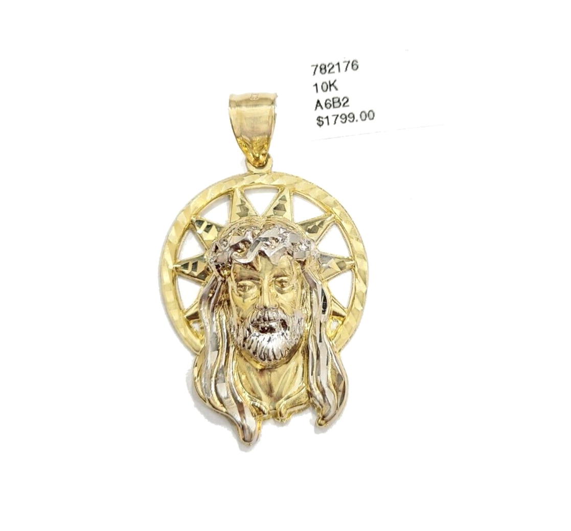 10k Gold Circular Jesus Star Head Charm Rope Chain Necklace 6mm 28'' Set Pendant