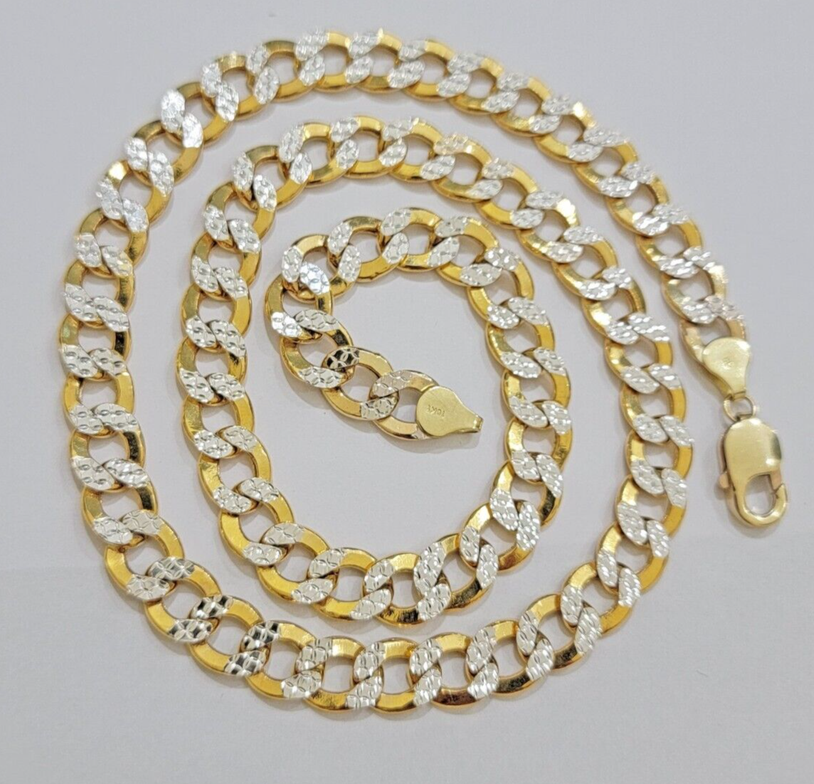 Real 10k Yellow Gold Chain Curb Link Necklace 10mm 24 Inch Diamond Cut Two-tone