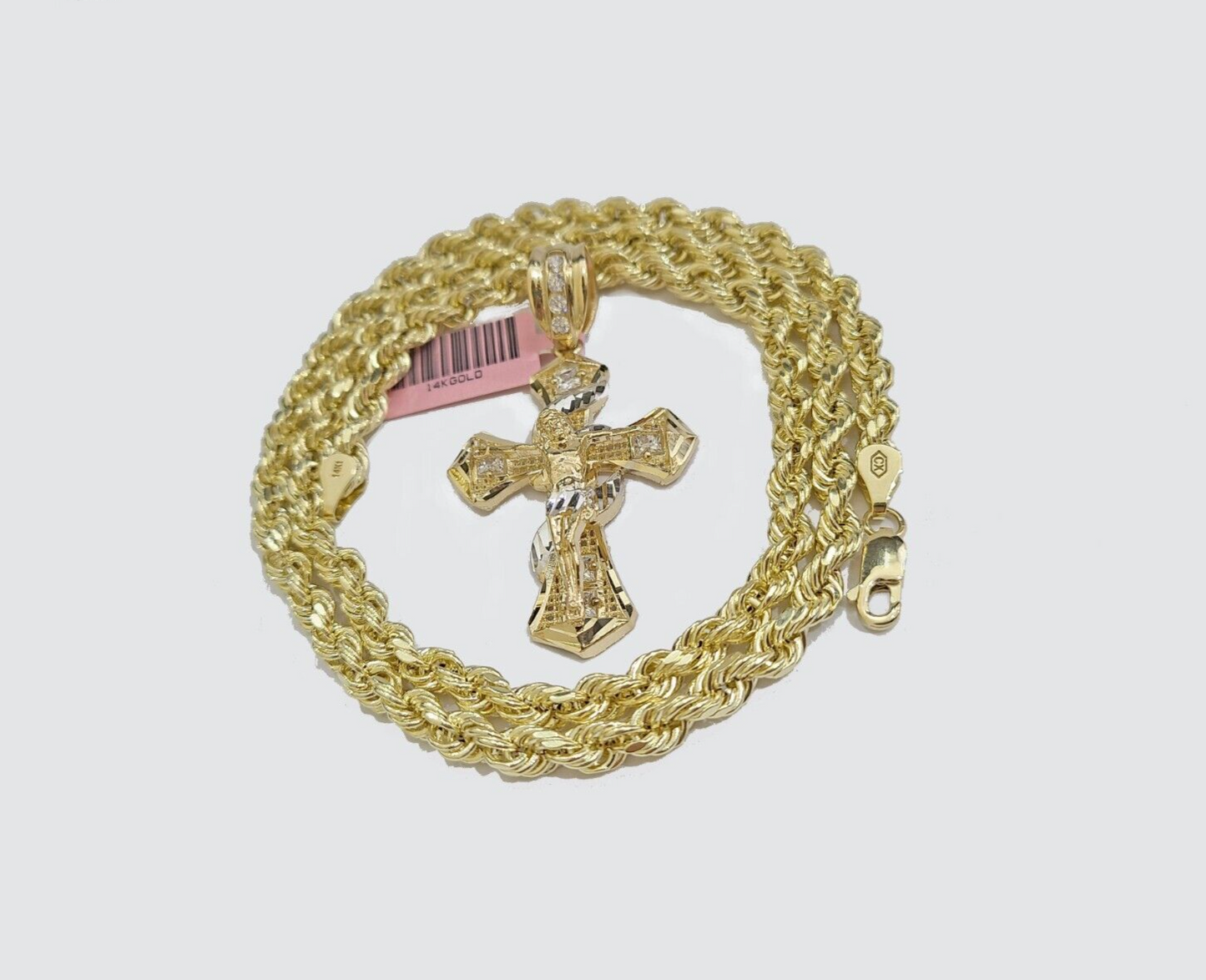 Real 14k Yellow Gold Rope Chain 5mm 22'' Necklace Jesus Cross Charm Pendant 14kt
