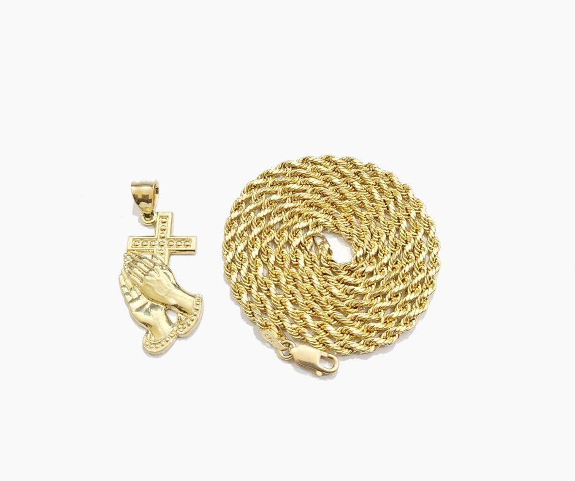 Real 10k Yellow Gold Rope Chain 24'' Necklace Praying Hand Cross Charm Pendant
