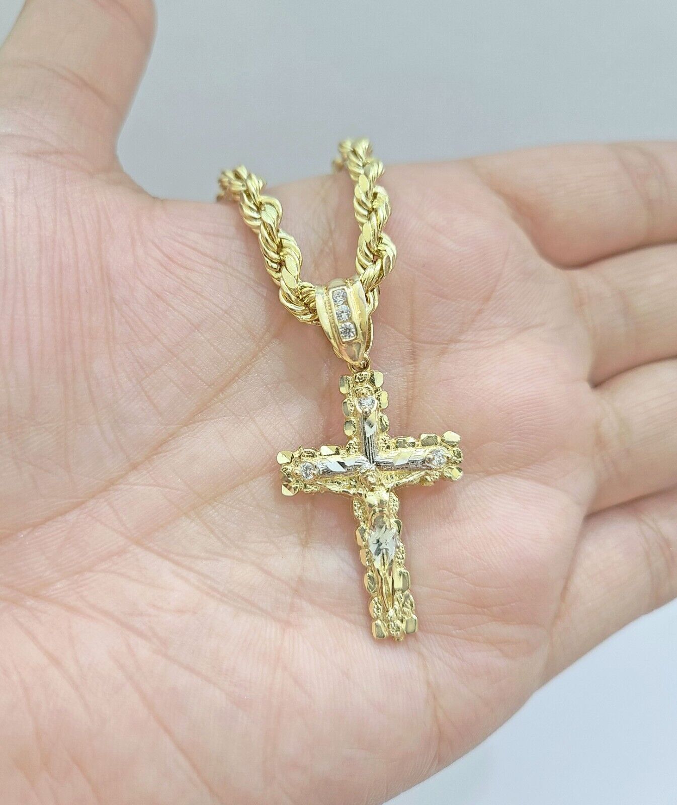 Real 14k Yellow Gold Rope Chain 26'' Necklace Jesus Crucifix Cross Charm Pendant