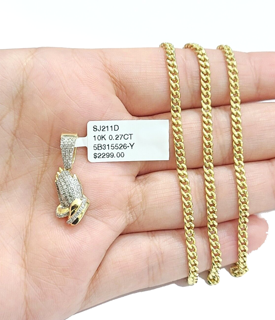 Real 10k Yellow Gold 3mm Miami Cuban Chain 20" inch Necklace Praying Hand Charm